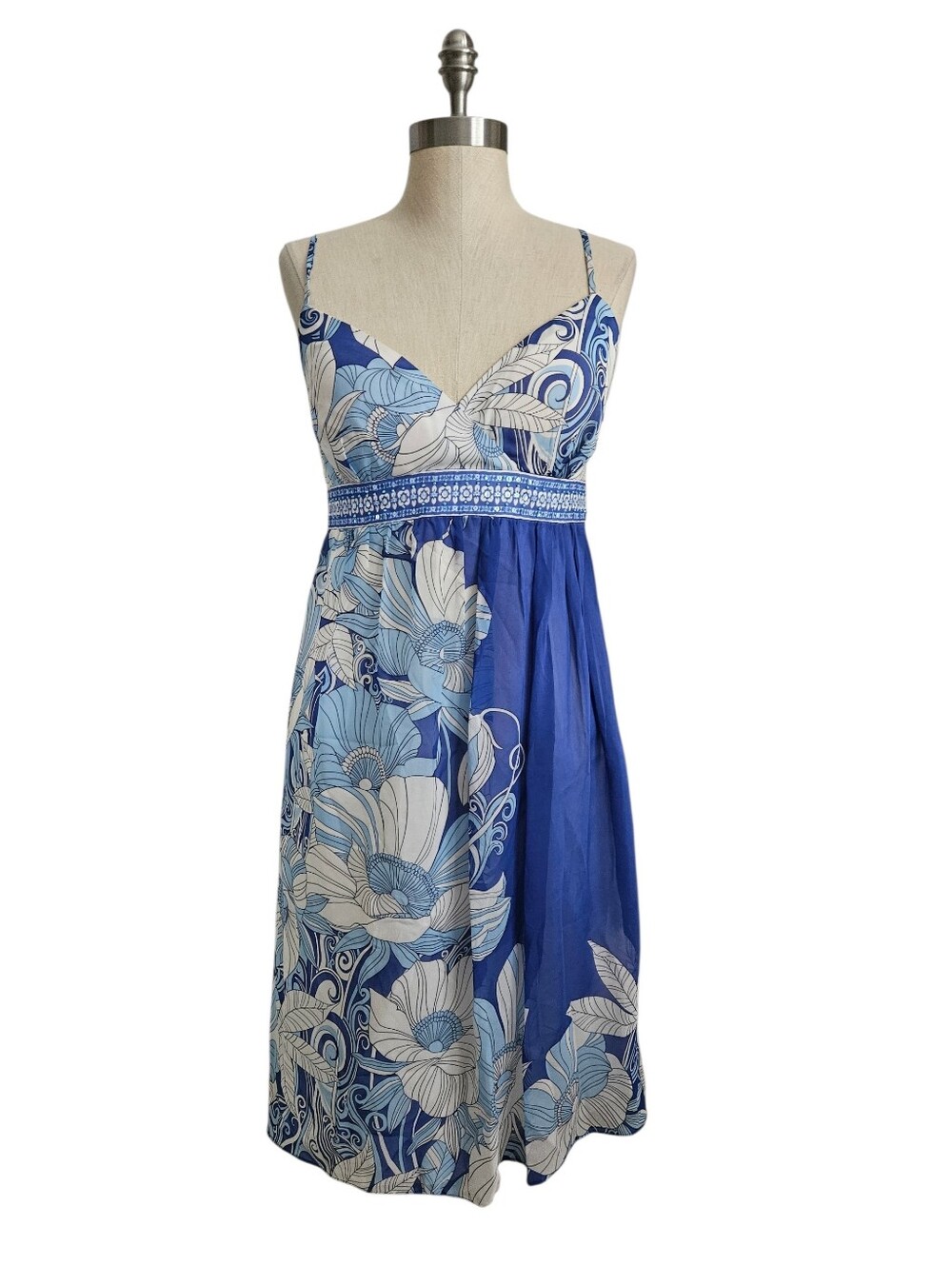 MUSE x BOSTON PROPER Blue Floral Beaded Waist Spaghetti Strap Silk Dress | SZ 8